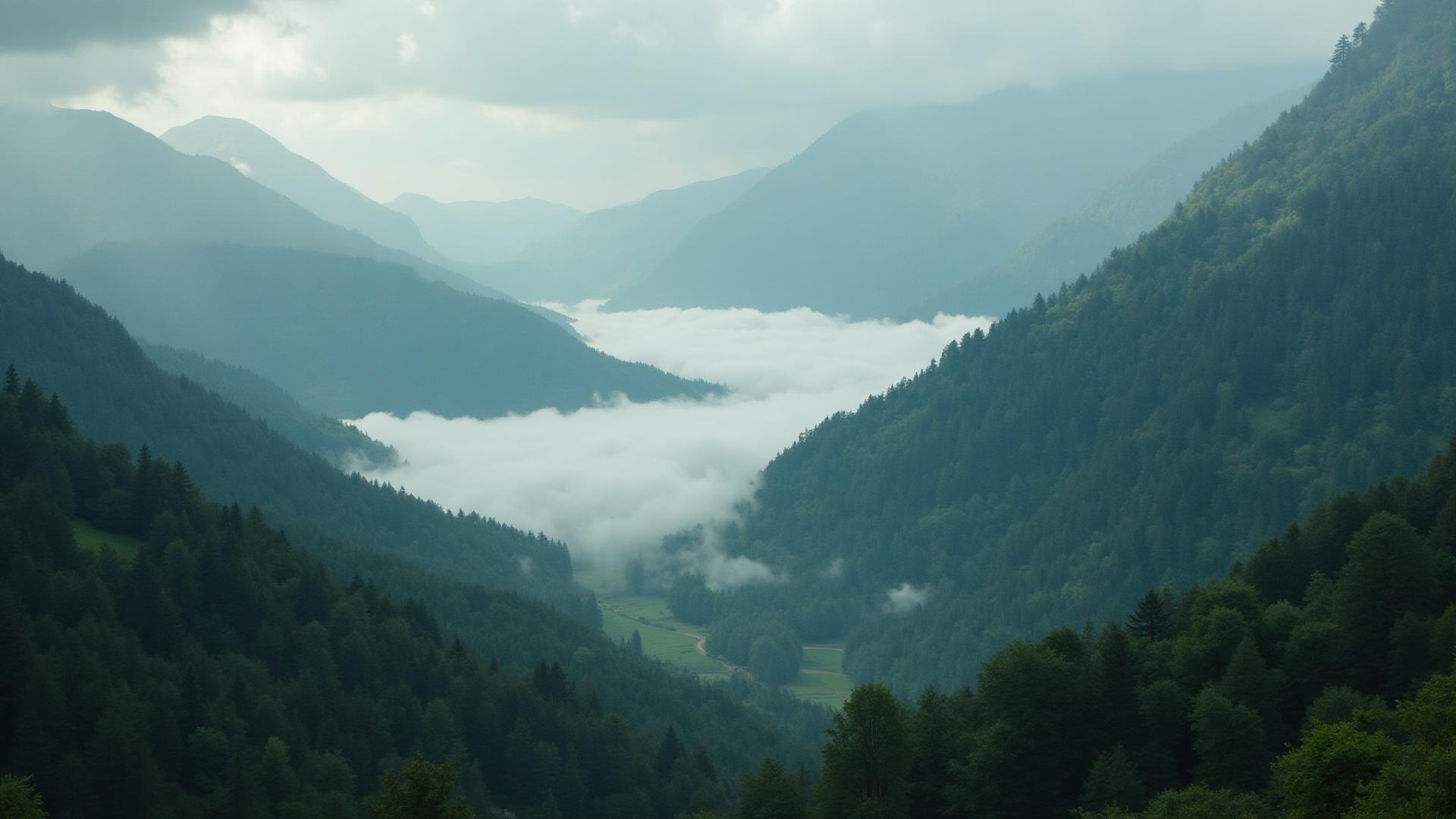 Mountain landscape with dramatic fog